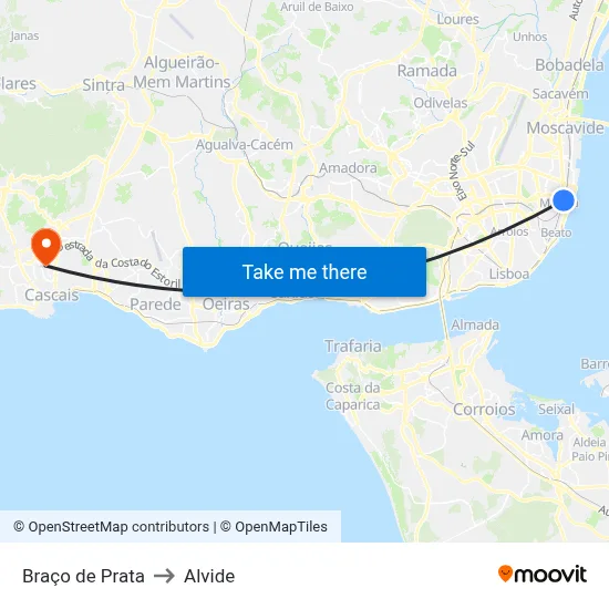 Braço de Prata to Alvide map