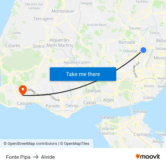 Fonte Pipa to Alvide map