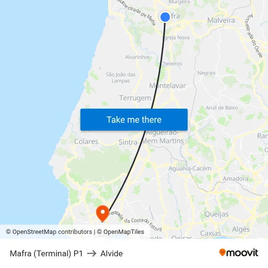 Mafra (Terminal) P1 to Alvide map