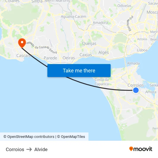 Corroios to Alvide map