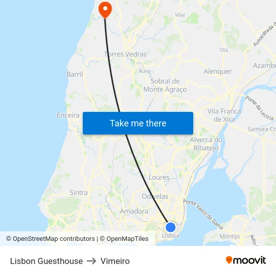 Lisbon Guesthouse to Vimeiro map