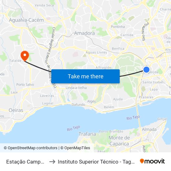 Estação Campolide to Instituto Superior Técnico - Taguspark map