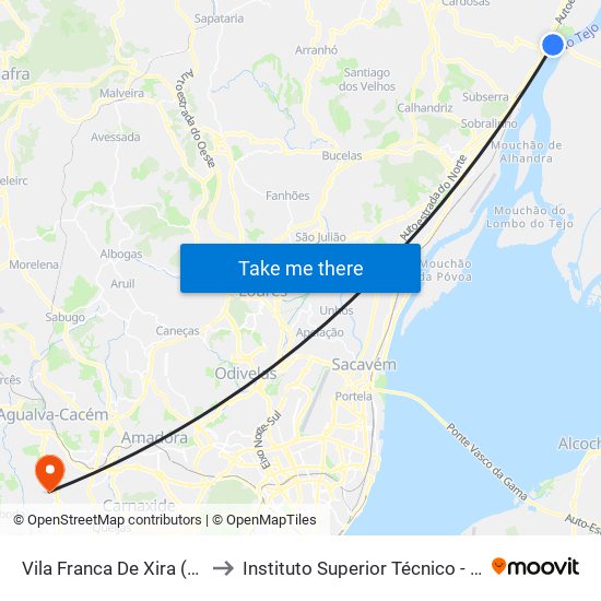 Vila Franca De Xira (Estação) to Instituto Superior Técnico - Taguspark map