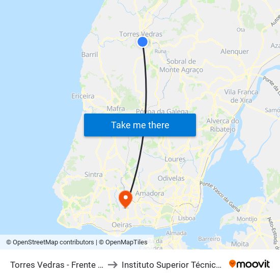 Torres Vedras - Frente Ao Hospital to Instituto Superior Técnico - Taguspark map