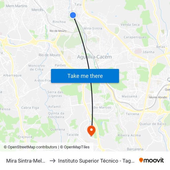 Mira Sintra-Meleças to Instituto Superior Técnico - Taguspark map