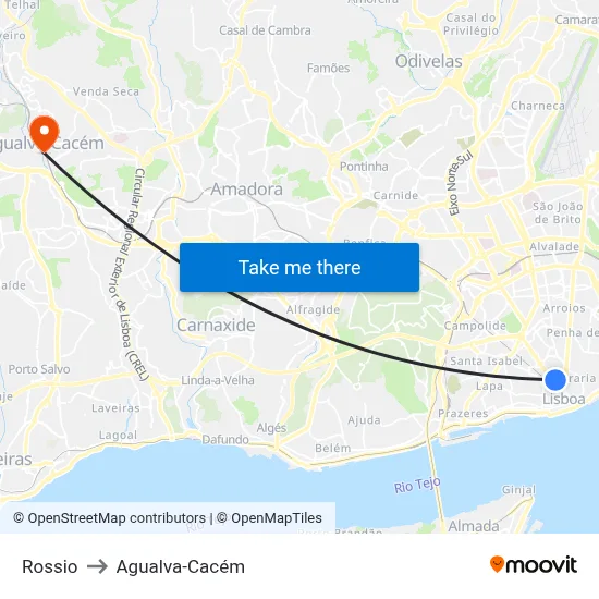 Rossio to Agualva-Cacém map