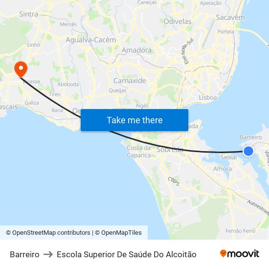 Barreiro to Escola Superior De Saúde Do Alcoitão map