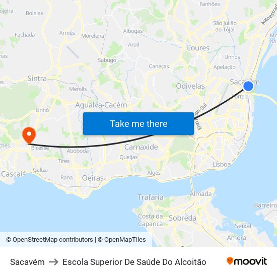 Sacavém to Escola Superior De Saúde Do Alcoitão map