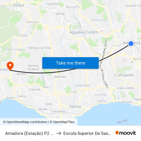 Amadora (Estação) P2 Entrada Norte to Escola Superior De Saúde Do Alcoitão map