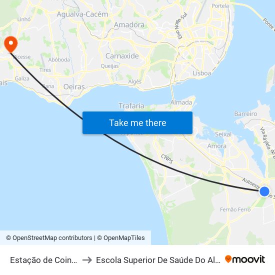 Estação de Coina P3 to Escola Superior De Saúde Do Alcoitão map