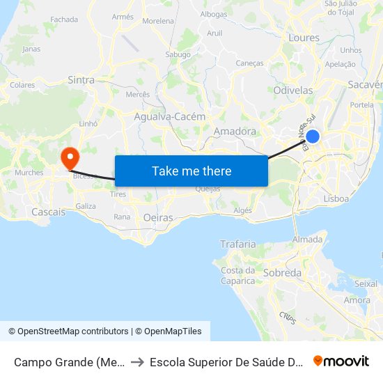 Campo Grande (Metro) P8 to Escola Superior De Saúde Do Alcoitão map