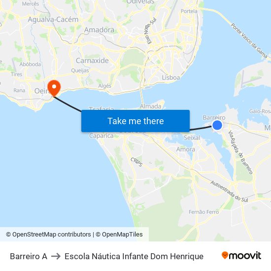 Barreiro A to Escola Náutica Infante Dom Henrique map