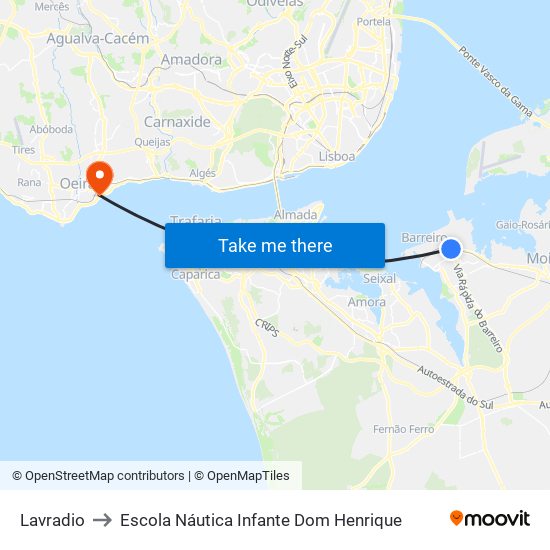Lavradio to Escola Náutica Infante Dom Henrique map
