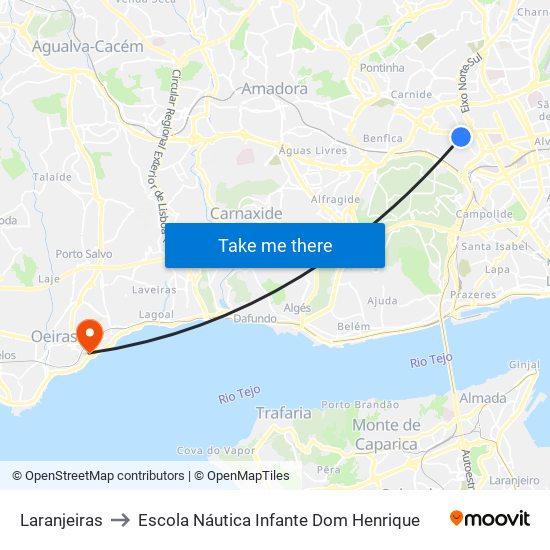 Laranjeiras to Escola Náutica Infante Dom Henrique map