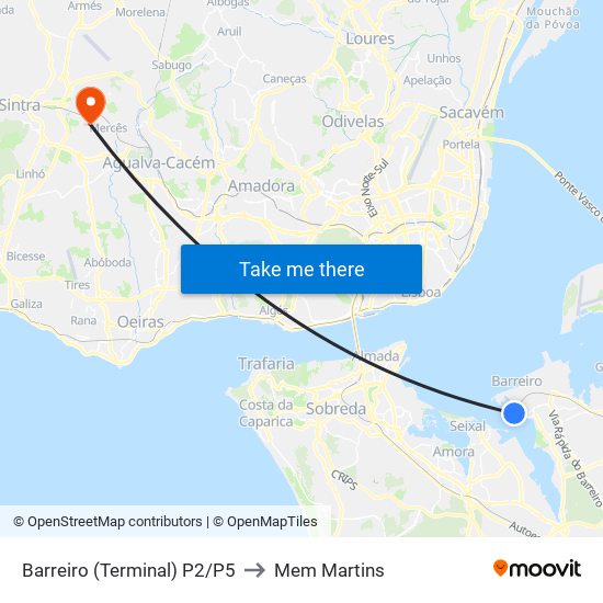 Barreiro (Terminal) P2/P5 to Mem Martins map