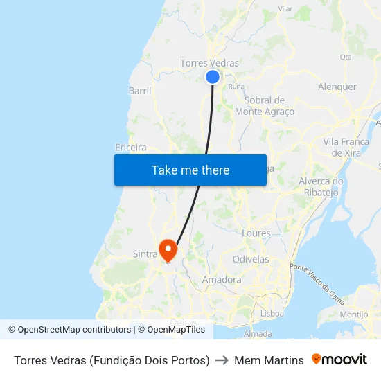 Torres Vedras (Fundição Dois Portos) to Mem Martins map