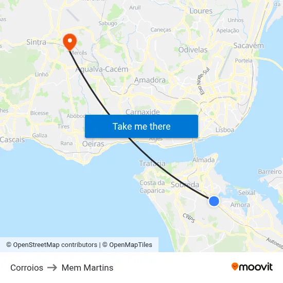 Corroios to Mem Martins map