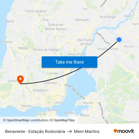 Benavente - Estação Rodoviária to Mem Martins map