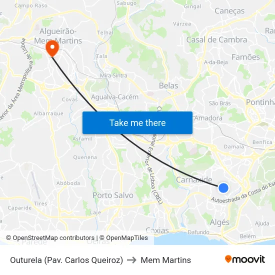 Outurela (Pav. Carlos Queiroz) to Mem Martins map