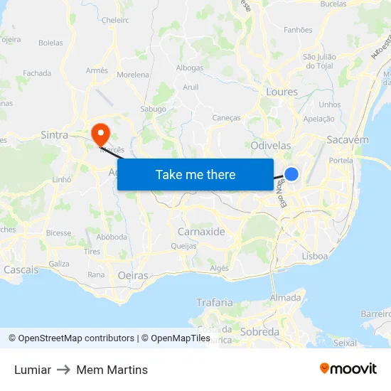 Lumiar to Mem Martins map