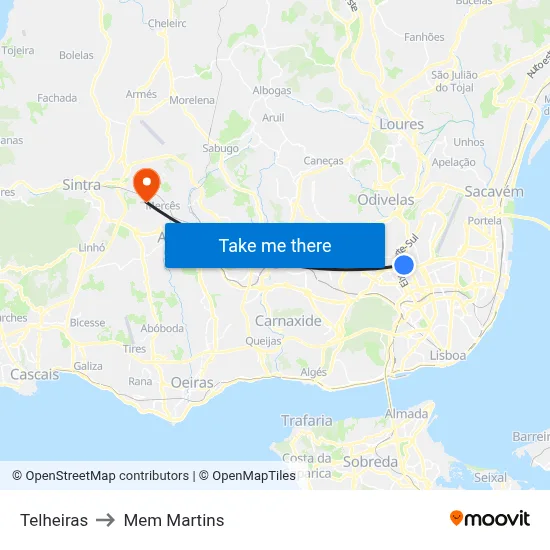 Telheiras to Mem Martins map