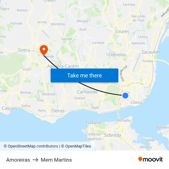 Amoreiras to Mem Martins map
