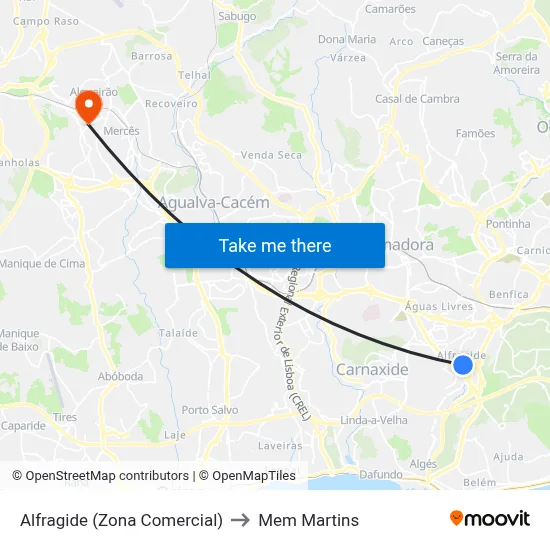 Alfragide (Zona Comercial) to Mem Martins map