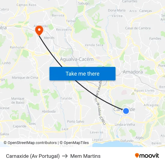 Carnaxide (Av Portugal) to Mem Martins map