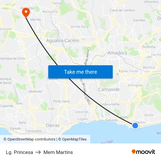 Lg. Princesa to Mem Martins map