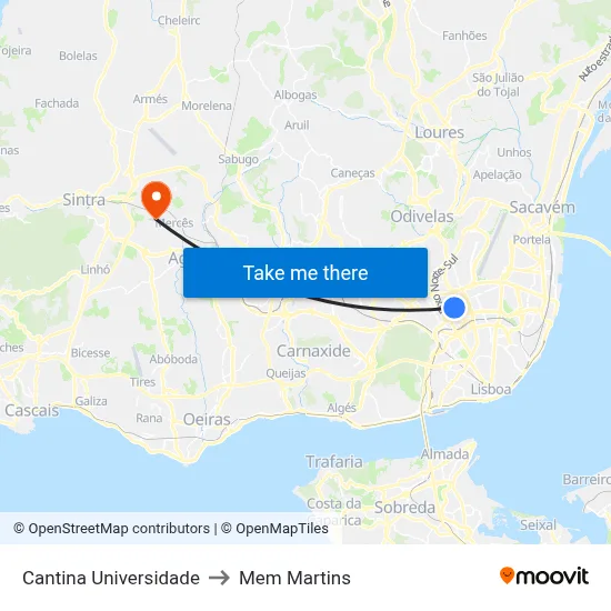 Cantina Universidade to Mem Martins map