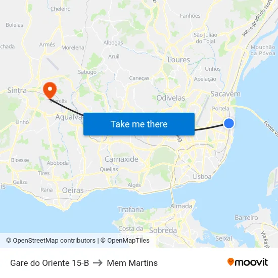 Gare do Oriente 15-B to Mem Martins map