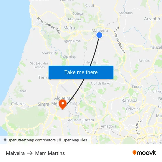 Malveira to Mem Martins map