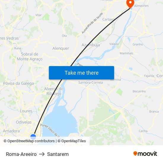 Roma-Areeiro to Santarem map