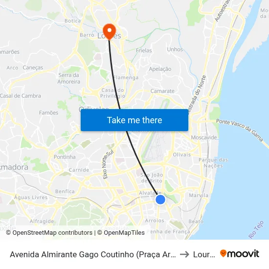 Avenida Almirante Gago Coutinho (Praça Areeiro) to Loures map