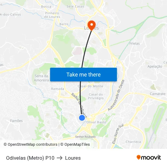 Odivelas (Metro) P10 to Loures map