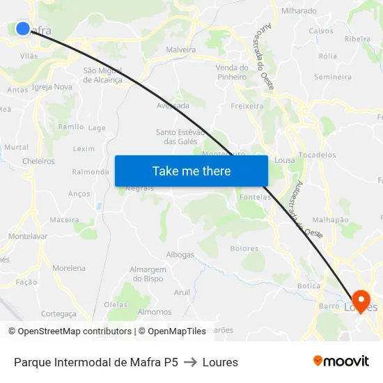 Parque Intermodal de Mafra P5 to Loures map