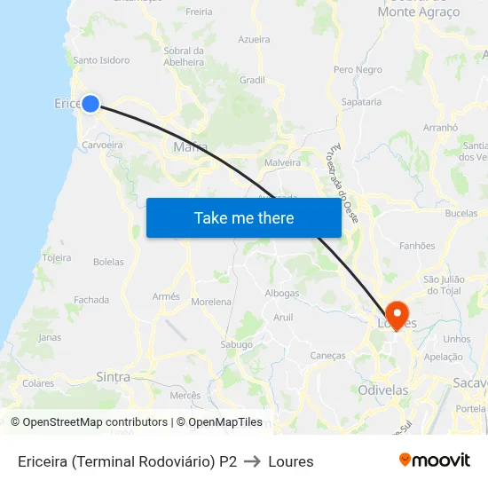 Ericeira (Terminal Rodoviário) P2 to Loures map