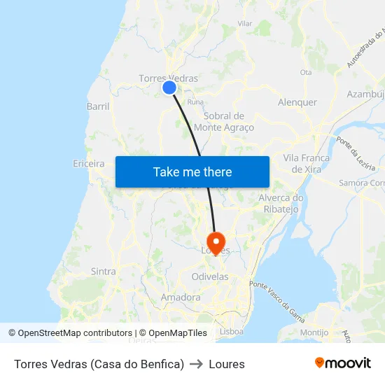 Torres Vedras (Casa do Benfica) to Loures map