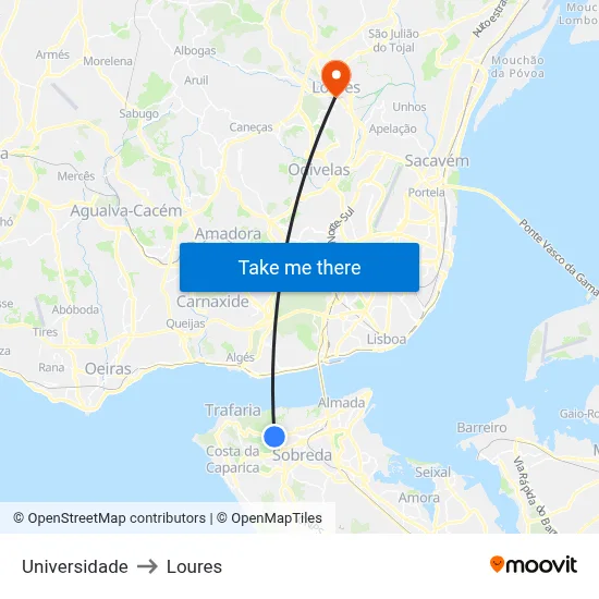 Universidade to Loures map