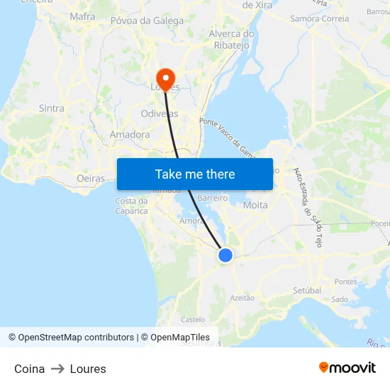 Coina to Loures map