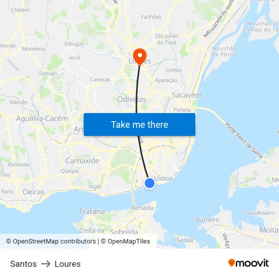 Santos to Loures map