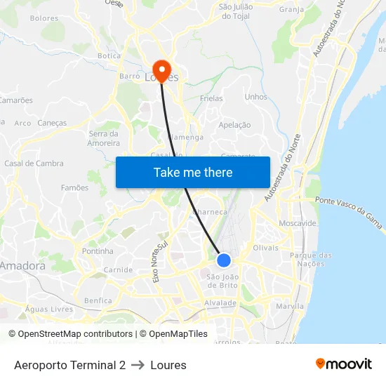 Aeroporto Terminal 2 to Loures map