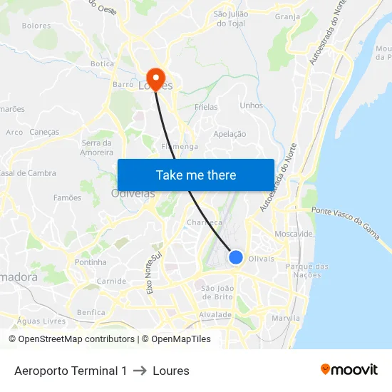 Aeroporto Terminal 1 to Loures map