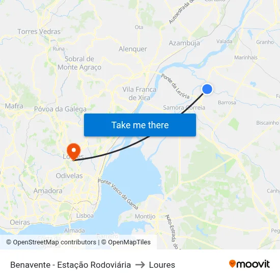 Benavente - Estação Rodoviária to Loures map