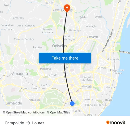 Campolide to Loures map