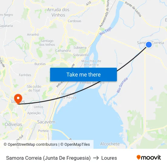 Samora Correia (Junta De Freguesia) to Loures map