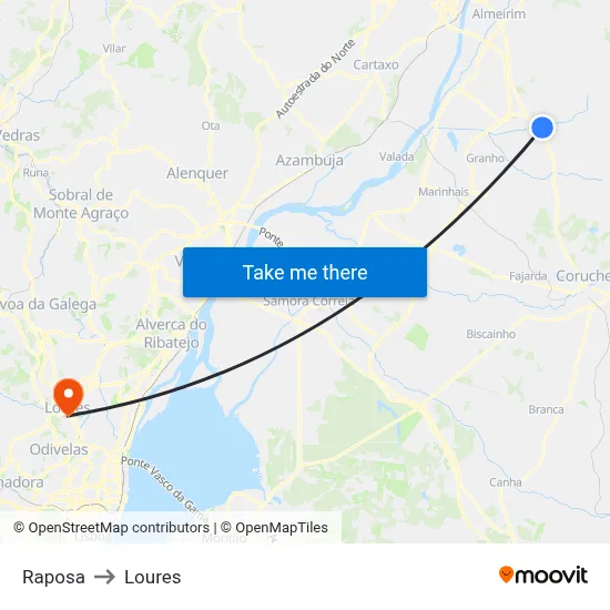 Raposa to Loures map