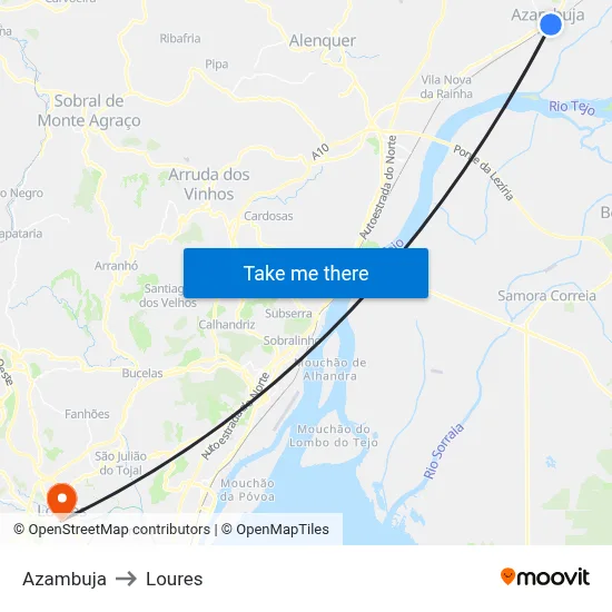 Azambuja to Loures map