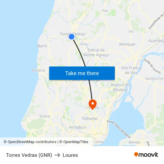 Torres Vedras (GNR) to Loures map