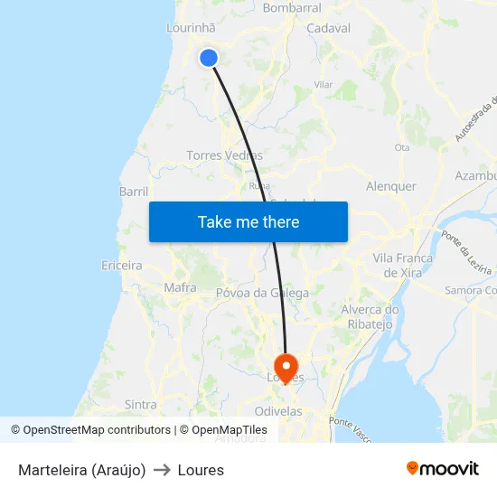 Marteleira (Araújo) to Loures map